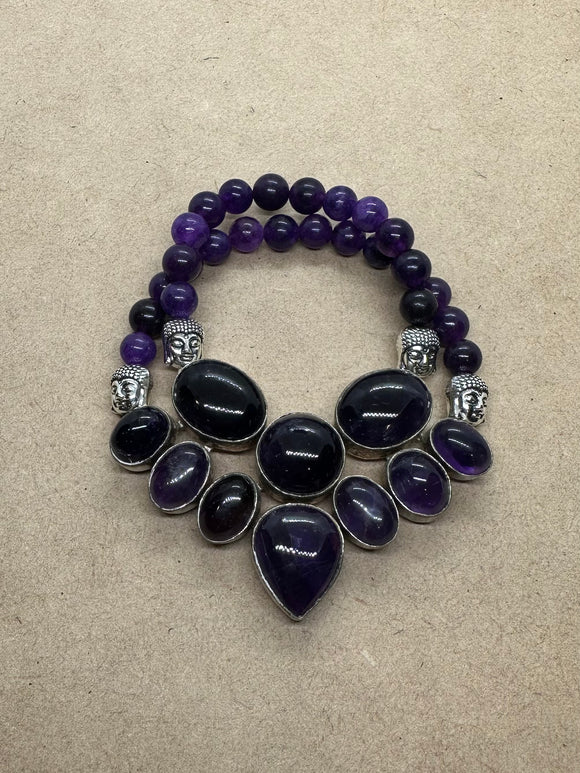 Amethyst bracelet set in 925 Silver Crystal Double Strand Beaded Bracelet with Silver Hematite Buddha Heads