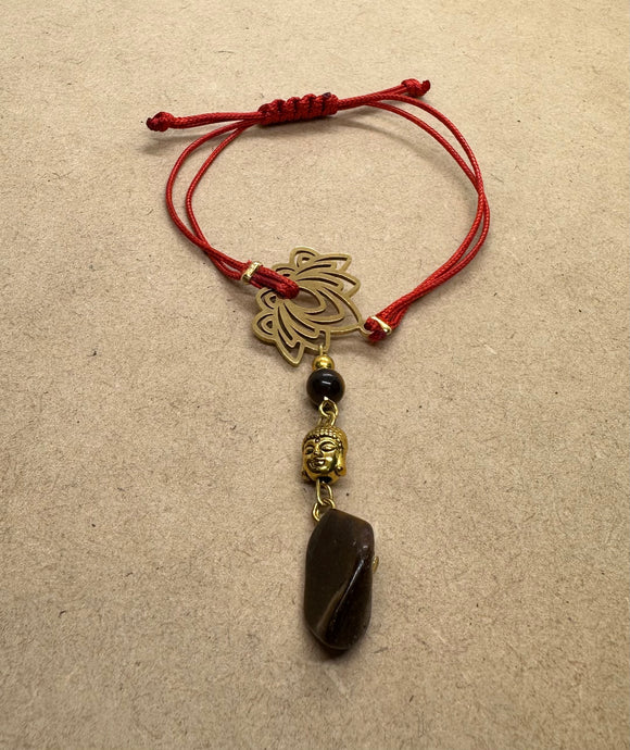 Tiger’s Eye & Gold Hematite Buddha Head on Red Rope Bracelet