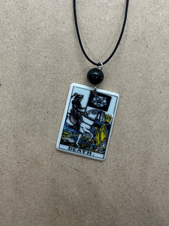 Death Tarot Card Necklace with Obsidian Crystal