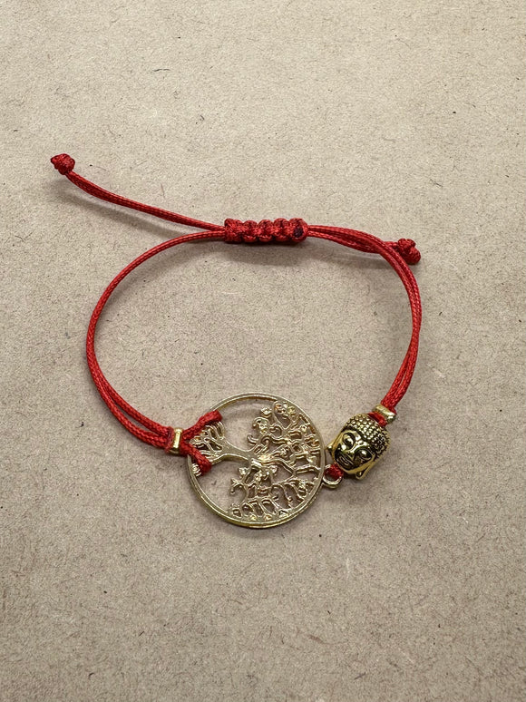 Tree of Life & Gold Hematite Buddha Head on Red Rope Bracelet