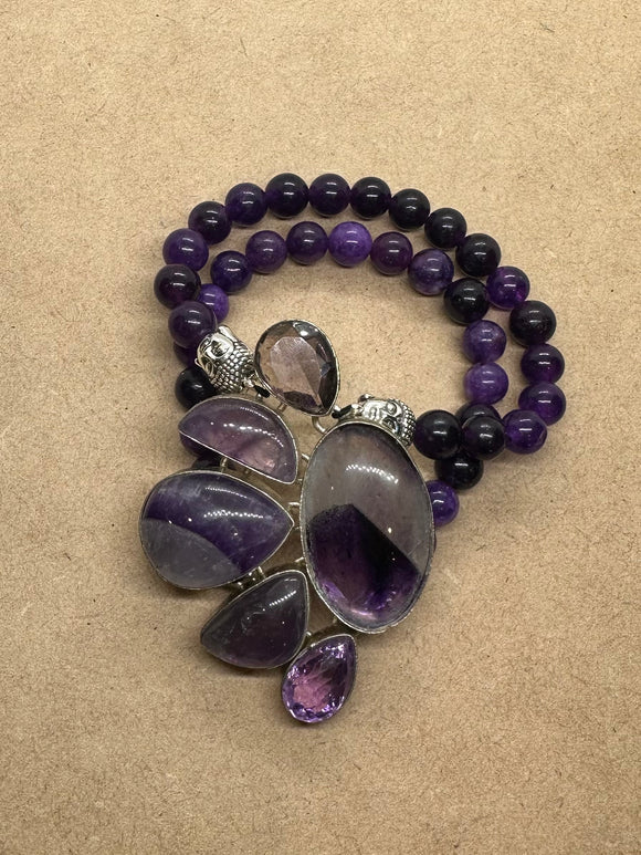 Amethyst bracelet set in 925 Silver Crystal Double Strand Beaded Bracelet with Silver Hematite Buddha Heads