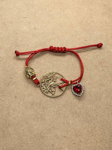 Tree of Life & Gold Hematite Buddha Head on Red Rope Bracelet with Heard Charm