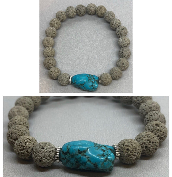 Grey Lava Stone Beaded Bracelet with Turquoise Centrepiece