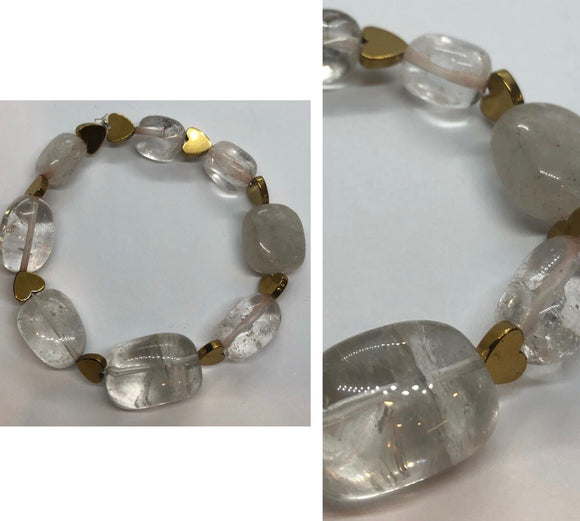 Clear Quartz Crystal & Gold Hematite Crystal Hearts Beaded Bracelet