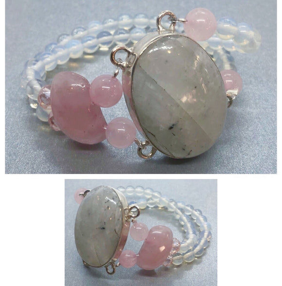 Moonstone Crystal set in 925 Silver with Rose Quartz & Opalite Crystal Beaded Bracelet