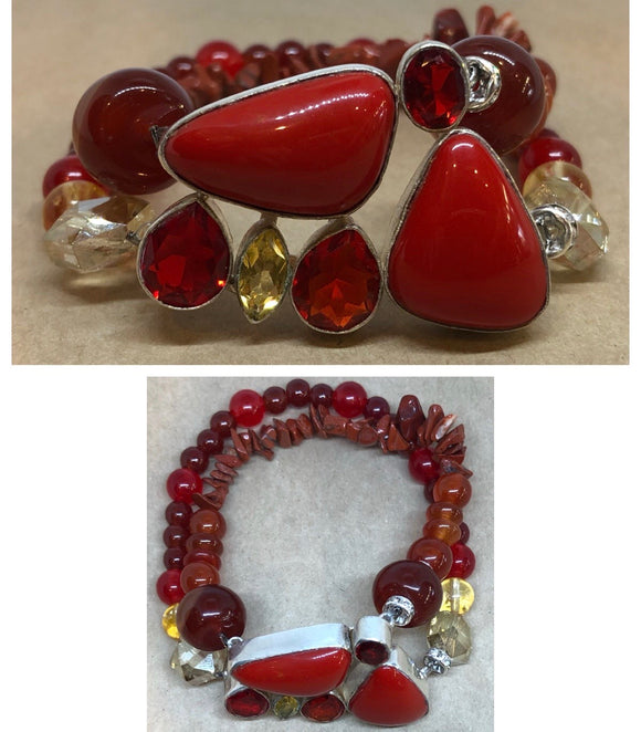 Red Coral, Citrine & Garnet Bracelet Set in 925 Silver with Red Jasper, Red Agate, Carnelian & Citrine Crystal Beaded Double Strand Bracelet