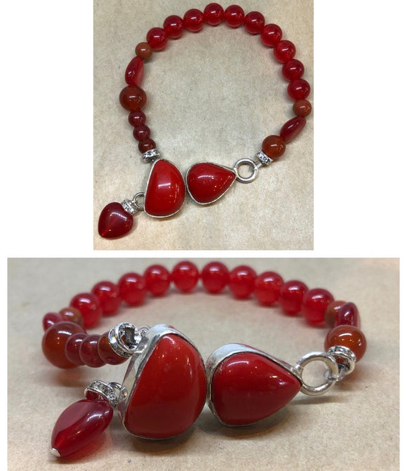 Red Coral Bracelet Set in 925 Silver with Red Agate, Red Jade & Carnelian Crystal Beaded Bracelet