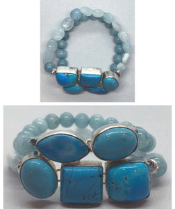 Turquoise Bracelet set in 925 Silver with Celestite & Aquamarine Double Strand Bracelet