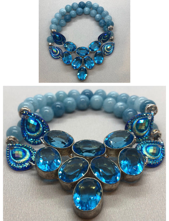 Blue Topaz Bracelet set in 925 Silver with Aquamarine Crystal Beaded Double Strand Bracelet