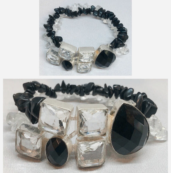 Clear Quartz & Black Onyx set in 925 Silver with Black Tourmaline & Clear Quartz Bracelet Double Strand Beaded Bracelet