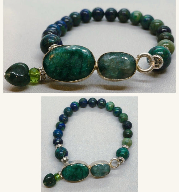 Emerald Bracelet set in 925 Silver with Lapis Chrysocolla beaded bracelet