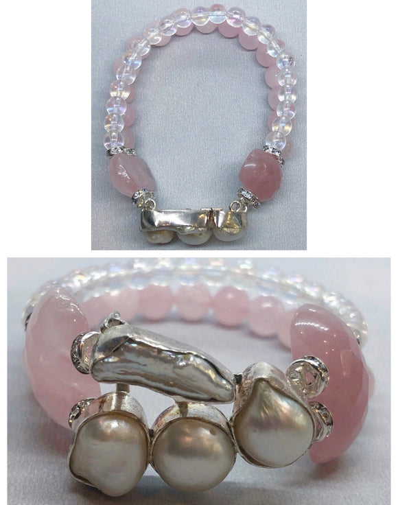 Pearls Bracelet set in 925 Silver with Rose Quartz Crystal Double Stranded Beaded
