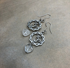 Om Symbol Beaded Earrings with Clear Quartz Hearts Crystals