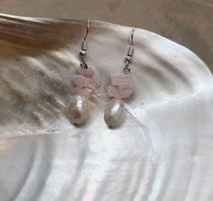 Pearl & Rose Quartz Crystal Chips Earrings