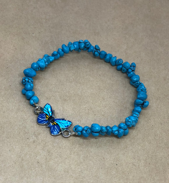 Turquoise Crystal Beaded Bracelet with Butterfly Centrepiece