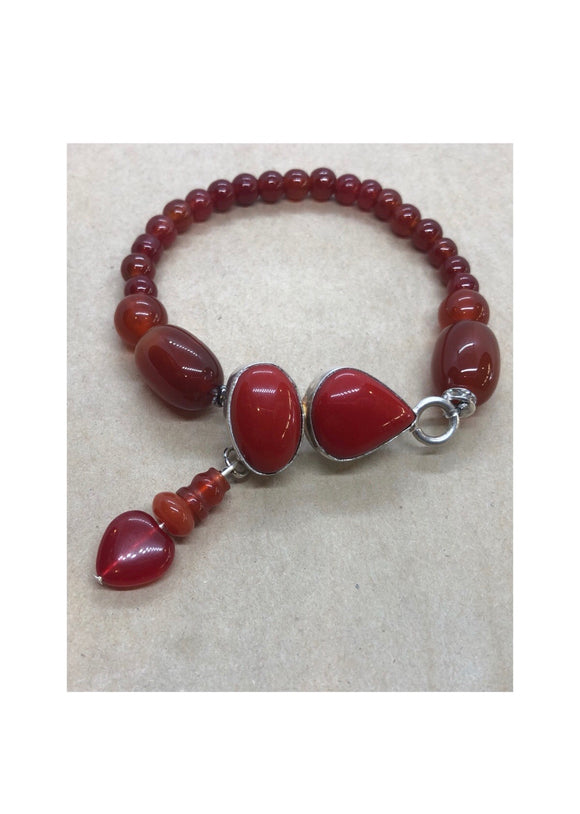 Red Coral Bracelet set in 925 Silver With Carnelian, Red Agate & Red Jade Beaded Bracelet