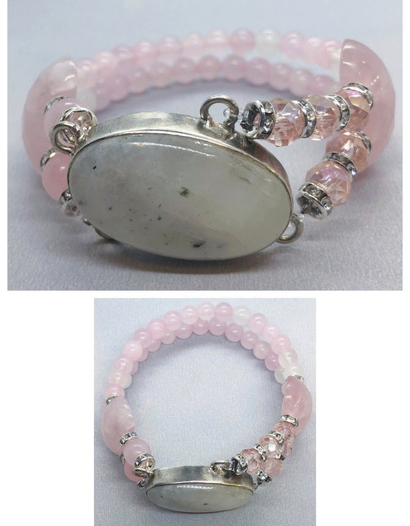 Moonstone Bracelet set in 925 Silver with Rose Quartz Crystal Double Stranded Bracelet