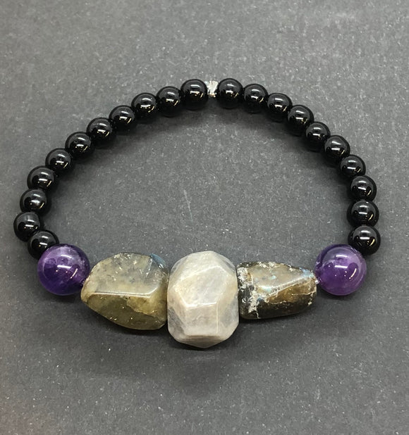 Labradorite, Amethyst and Black Obsidian Bracelet