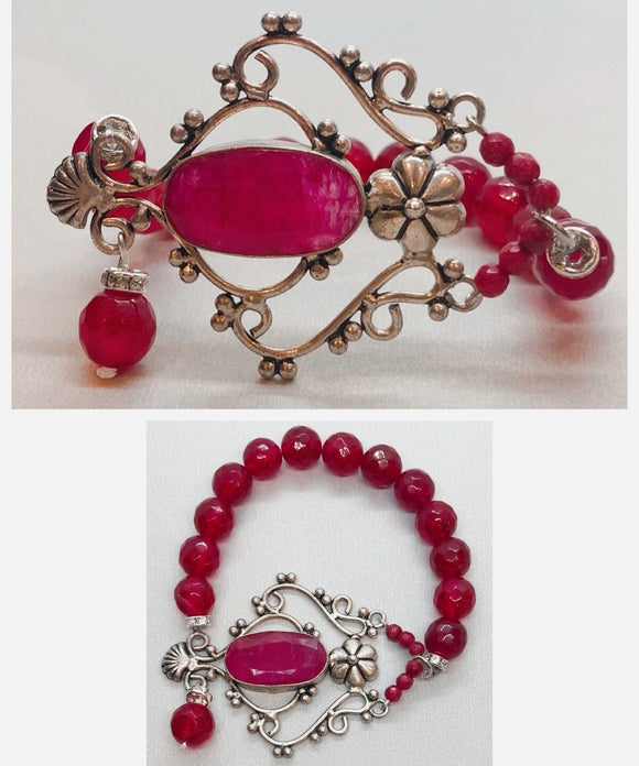 Ruby Bracelet set in 925 Silver with Ruby Beaded Bracelet