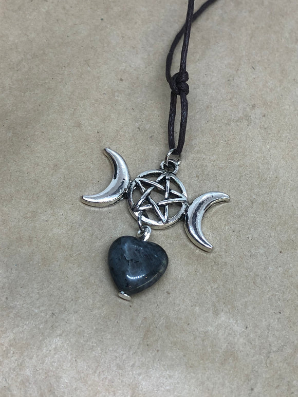 Triple Moon with Black Moonstone Crystal Heart Necklace