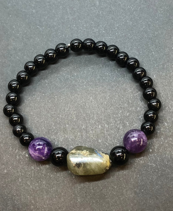 Labradorite, Amethyst and Black Obsidian Crystal Beaded Bracelet