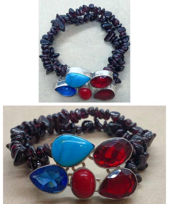 Turquoise, Garnet, Tanzanite & Red Coral set in 925 Silver with Garnet double strand Beaded Bracelet