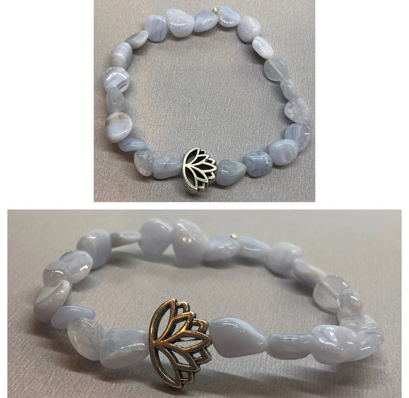 Blue Lace Agate Crystal Beaded Bracelet with Lotus Centrepiece