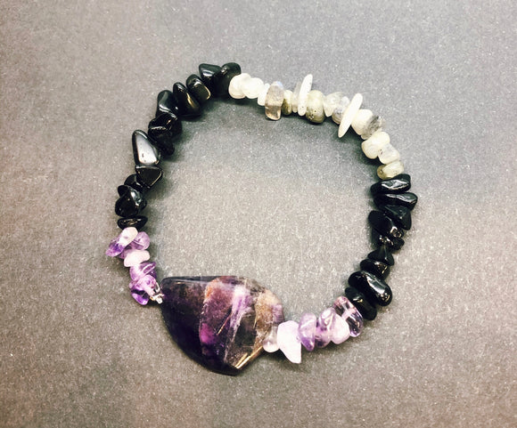 Labradorite, Black Obsidian & Amethyst Crystal Beaded Bracelet