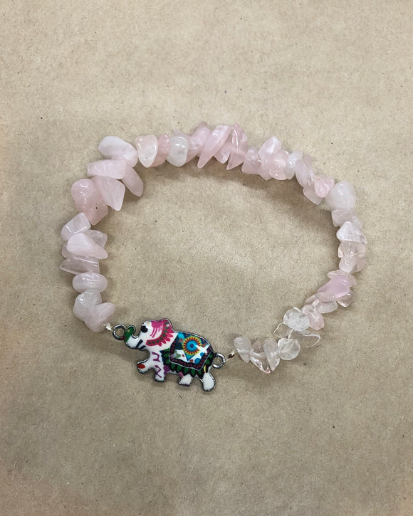 Rose Quartz Crystal Chips Beaded Bracelet with Elephant Centrepiece