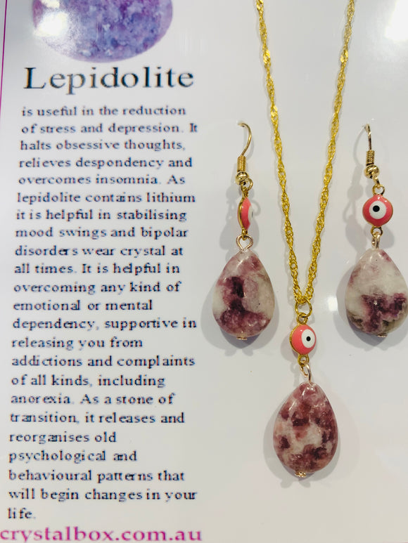 Lepidolite Necklace & Earring set with 🧿