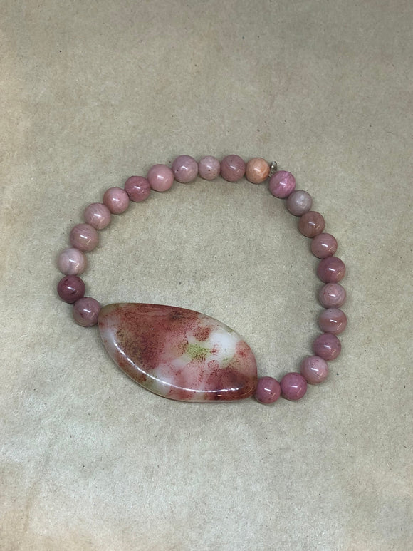 Rhodochrosite Crystal Beaded Bracelet with Agate Crystal Centrepiece