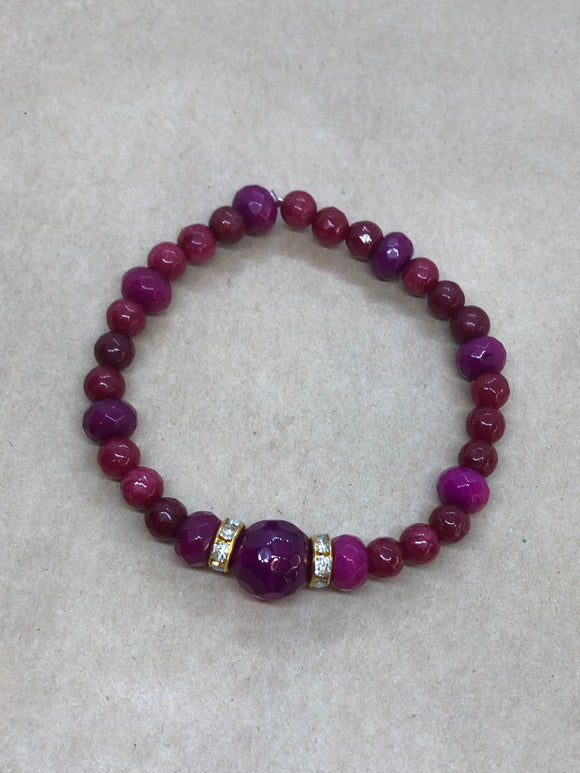 Faceted Ruby Beaded Bracelet with Pink Agate Diamanté Centrepiece