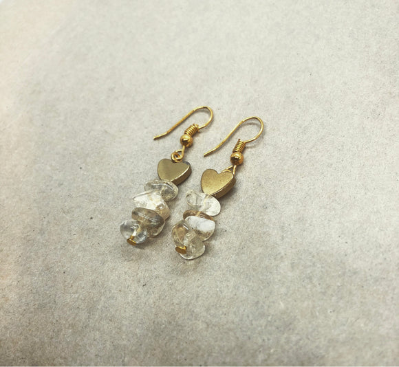 Citrine Chips & Gold Hematite Crystal Hearts Earrings