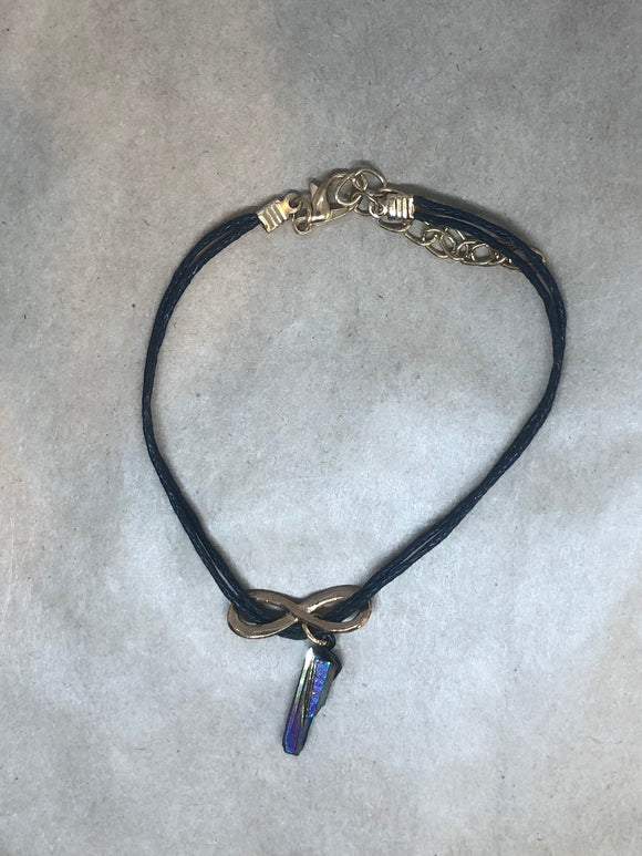 Rainbow Aura Quartz Crystal Point with Infinity Symbol on Rope Bracelet