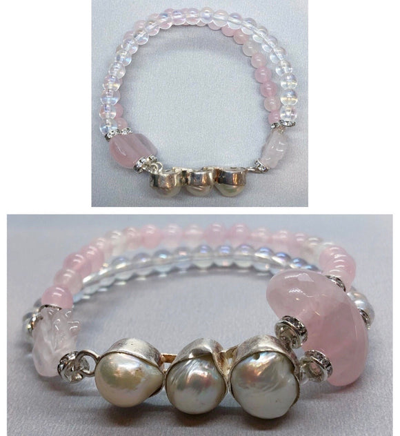 Pearl Bracelet set in 925 Silver With Rose Quartz and Rainbow Bead Double Strand Bracelet