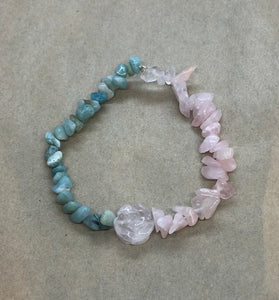 Rose Quartz & Aquamarine Crystal Chips Beaded Bracelet with Rose Centrepiece