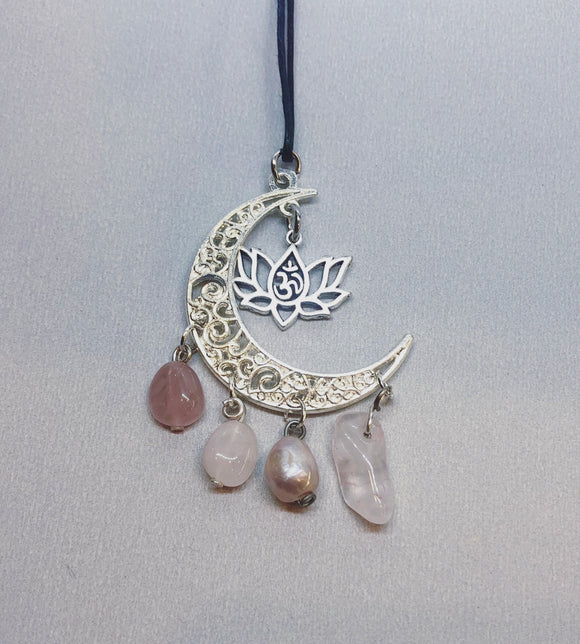 Moon Crescent Necklace with Rose Quartz Crystal & Pearl